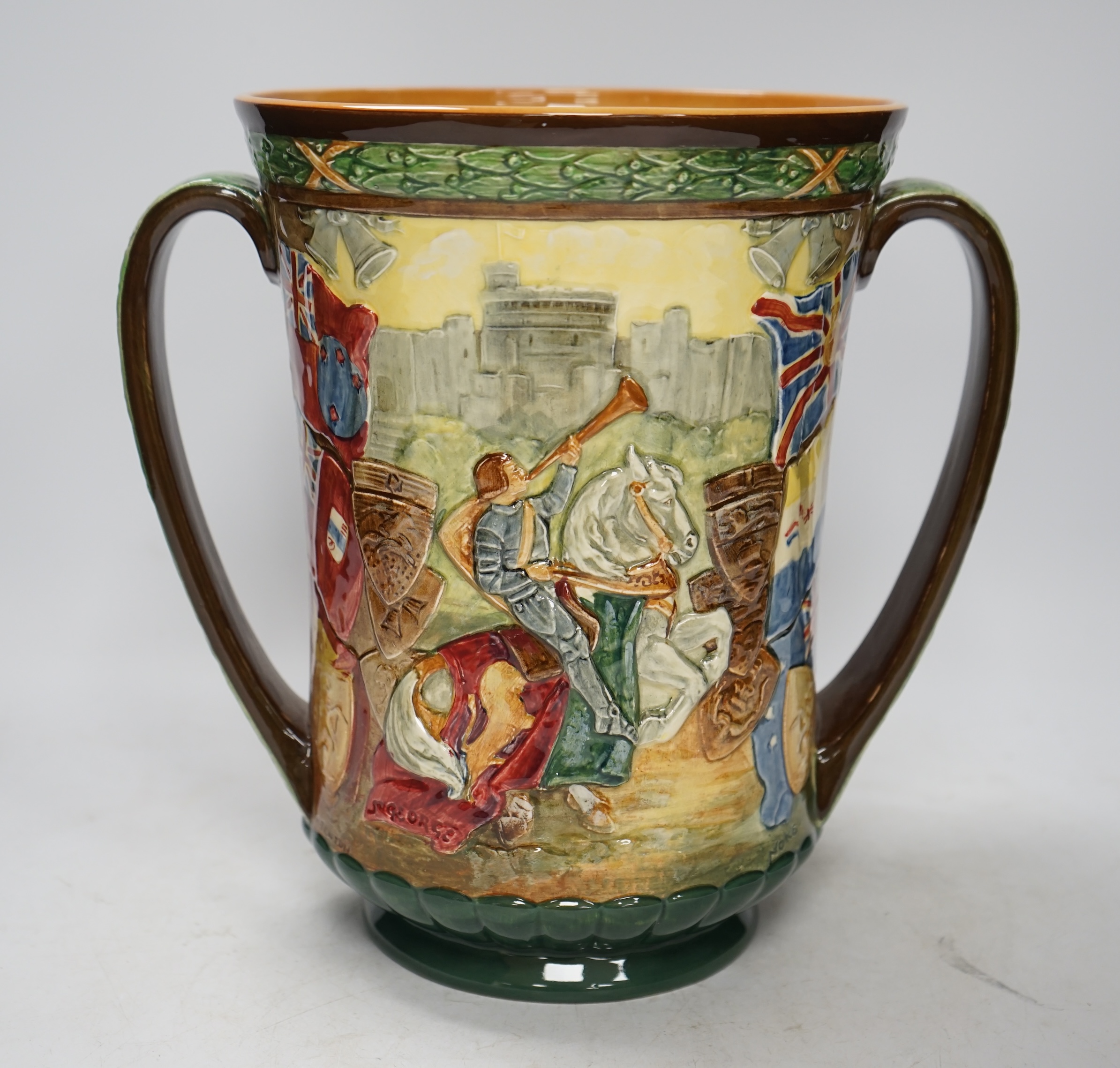 A Doulton commemorative cup, coronation of George VI and Elizabeth, 1937, with certificate signed by C.J. Noke, 26cm high. Condition - good